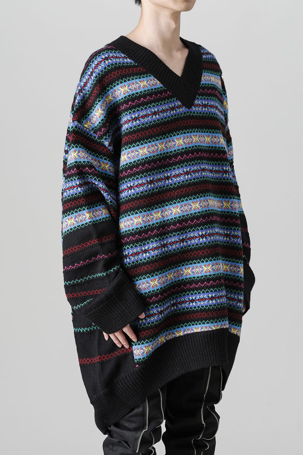 Double zip balloon shaped fair isle pattern sweater