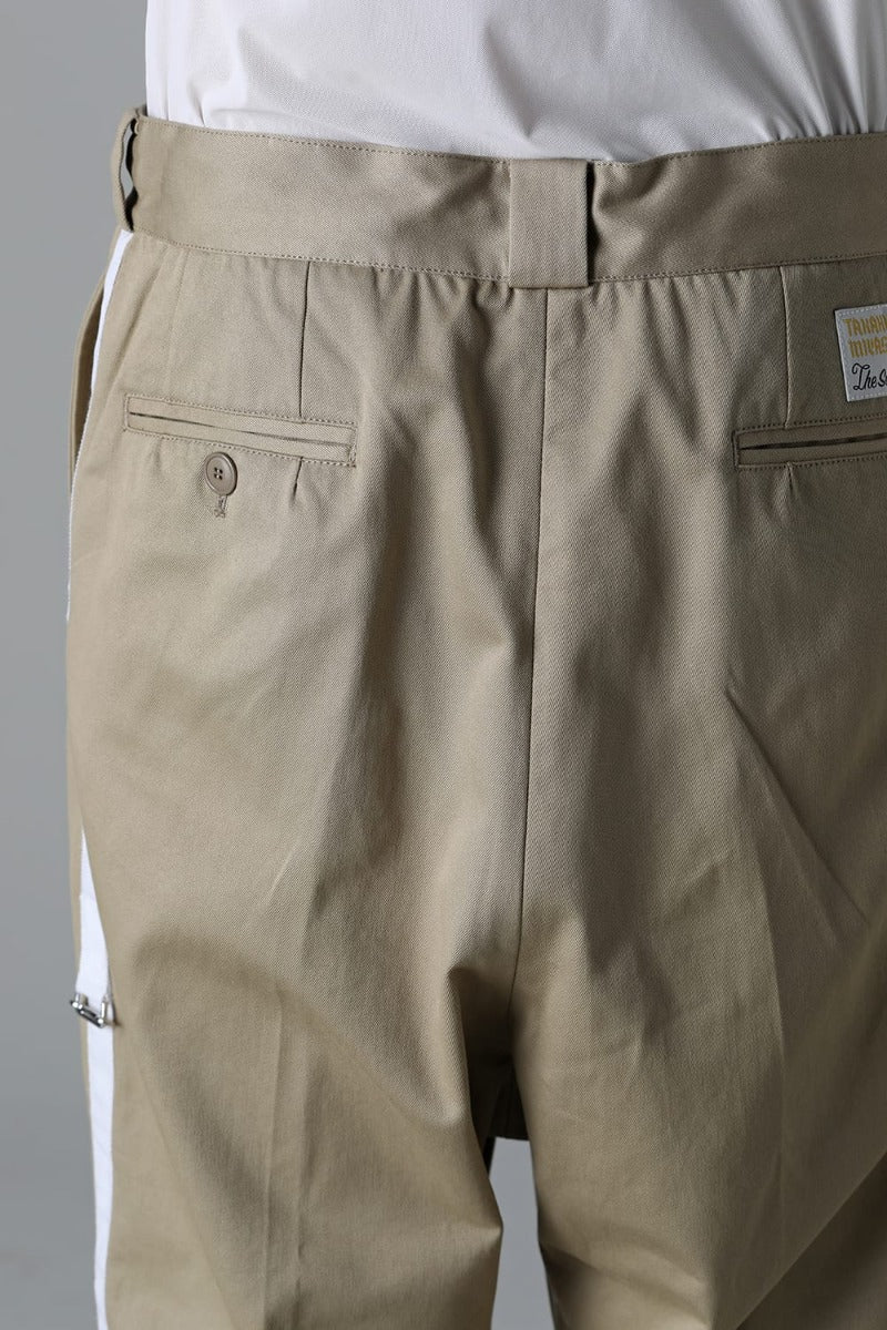 side tape adjustable length 2 tucks work pant. Khaki x White