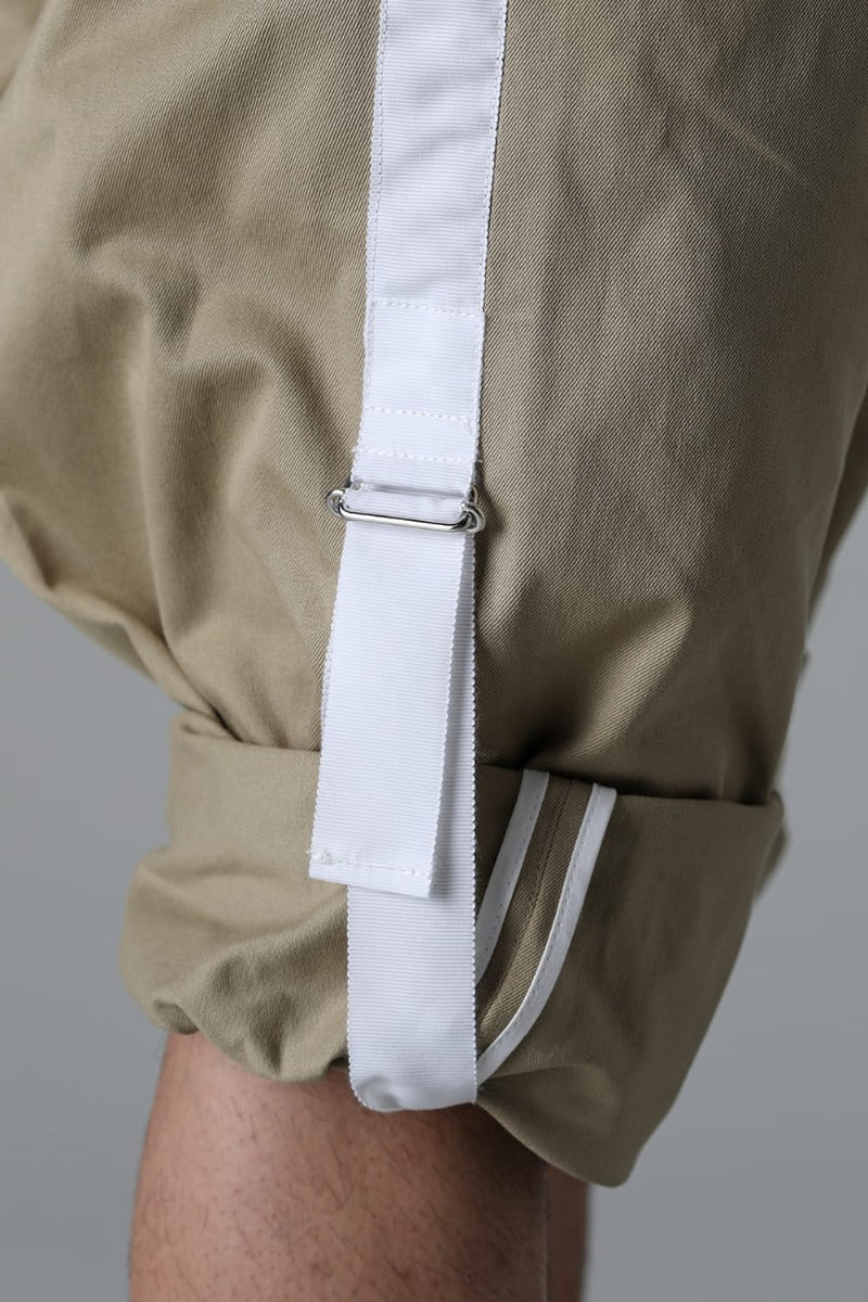 side tape adjustable length 2 tucks work pant. Khaki x White