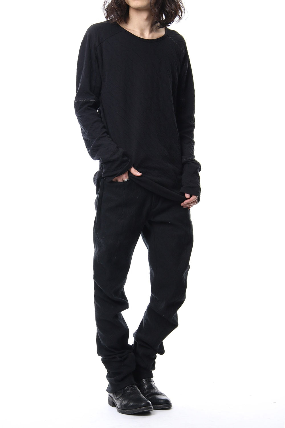 Double cloth cotton jersey overlock long sleeve T-shirt