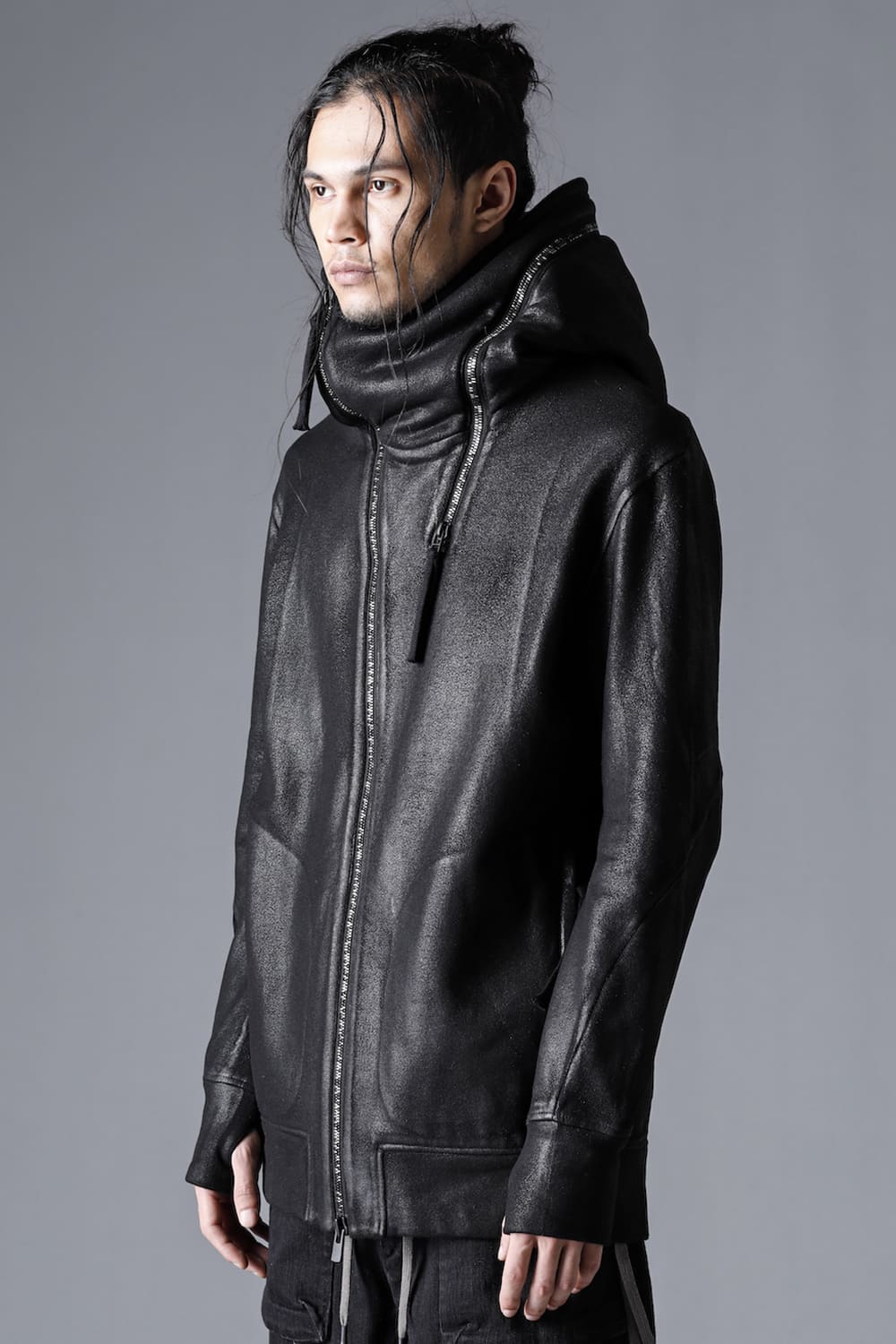 Untwisted yarn fleece-lined coated double zip hooded jacket