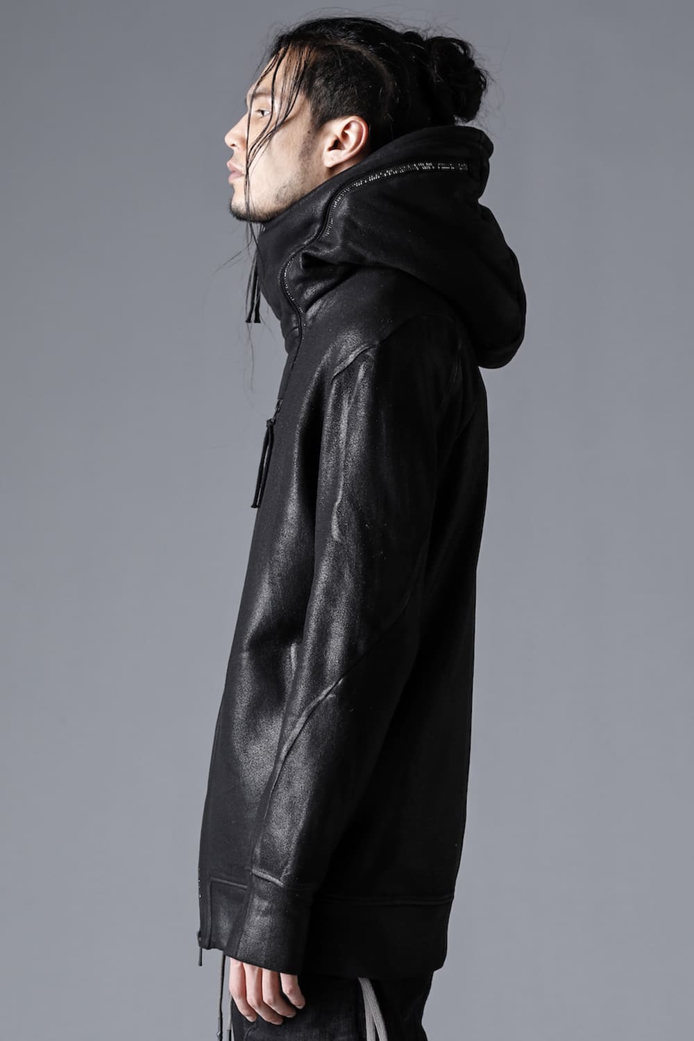 Untwisted yarn fleece-lined coated double zip hooded jacket