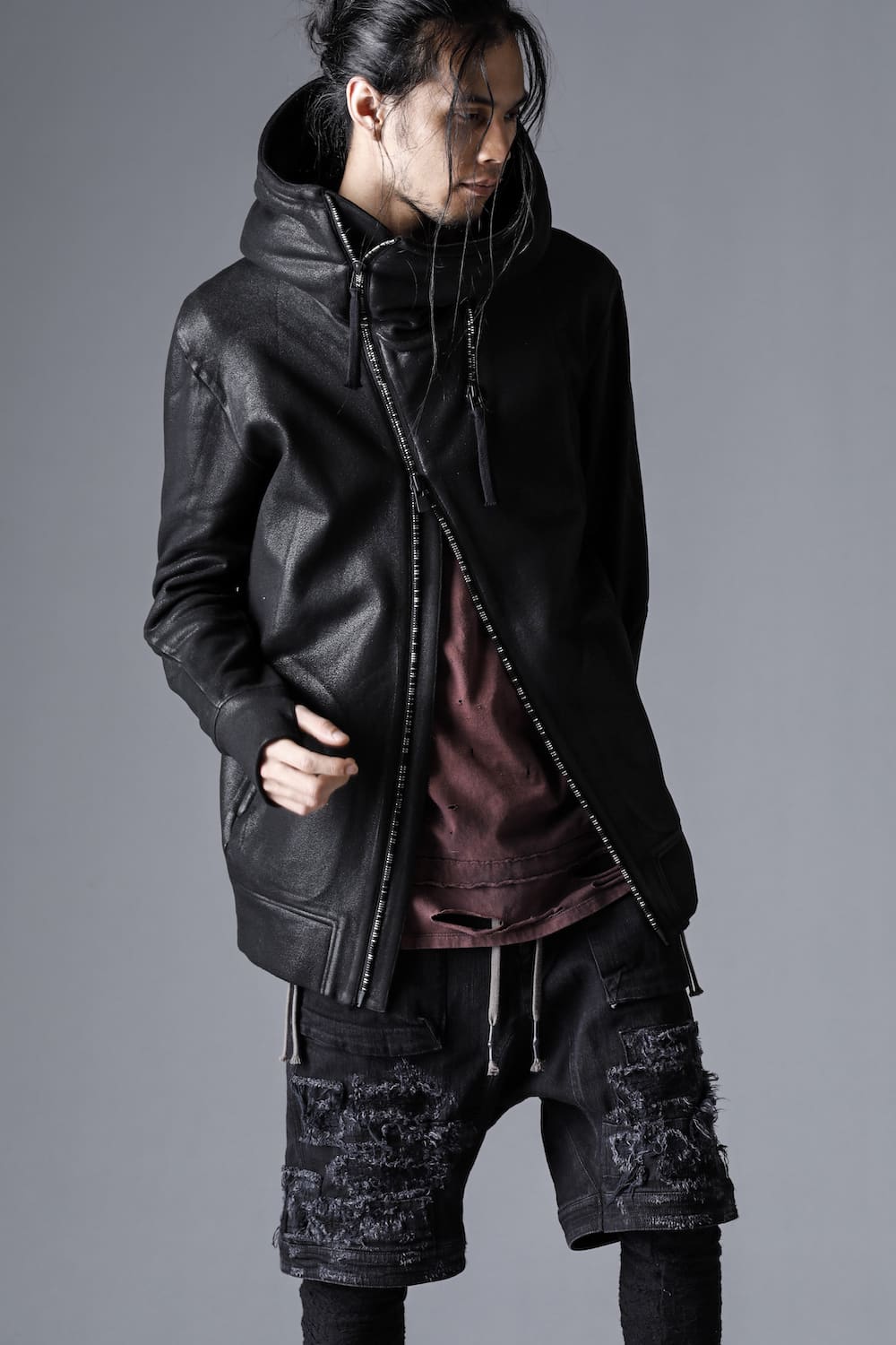 Untwisted yarn fleece-lined coated double zip hooded jacket