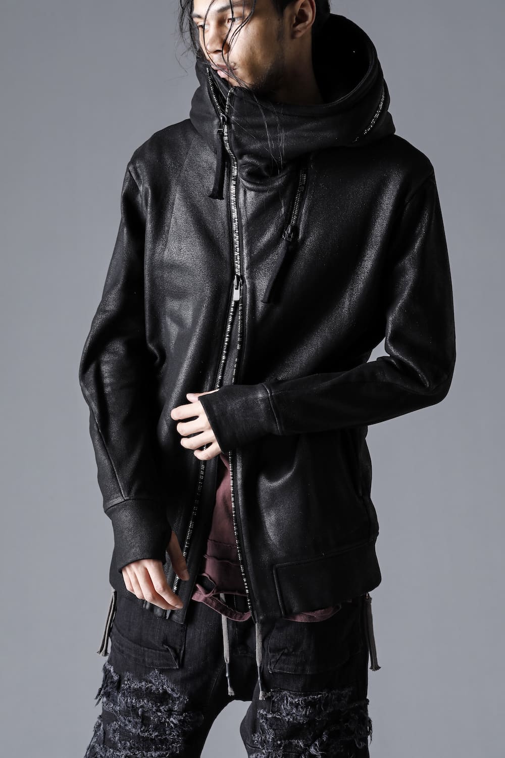 Untwisted yarn fleece-lined coated double zip hooded jacket