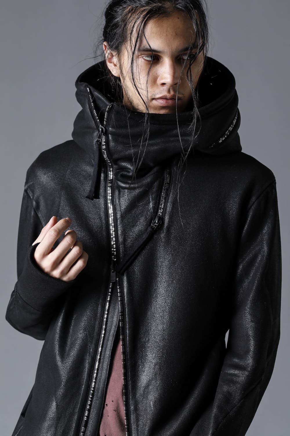 Untwisted yarn fleece-lined coated double zip hooded jacket