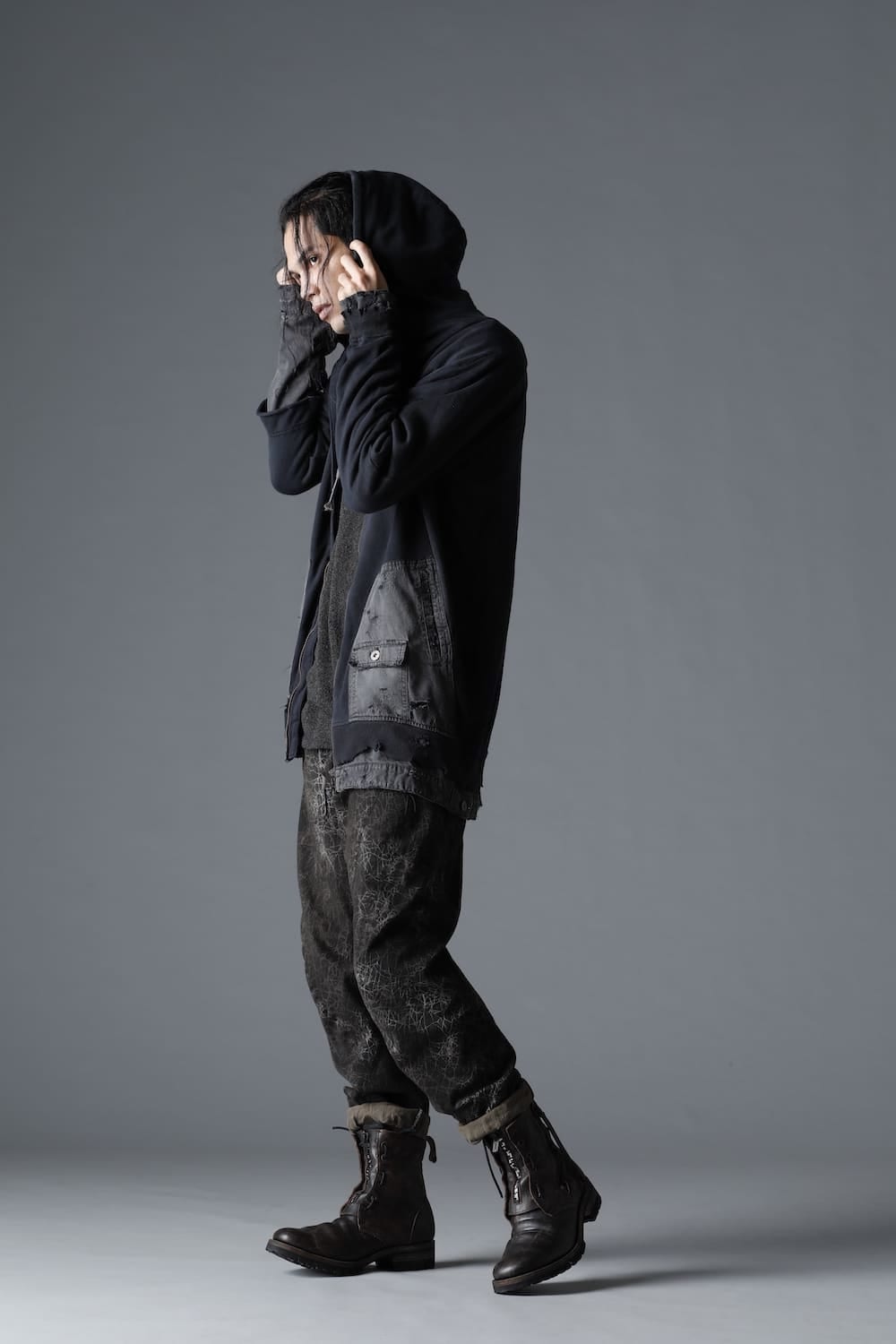 Untwisted Soft Cotton Jersey×Denim Combination Damage Zipper Hoodie