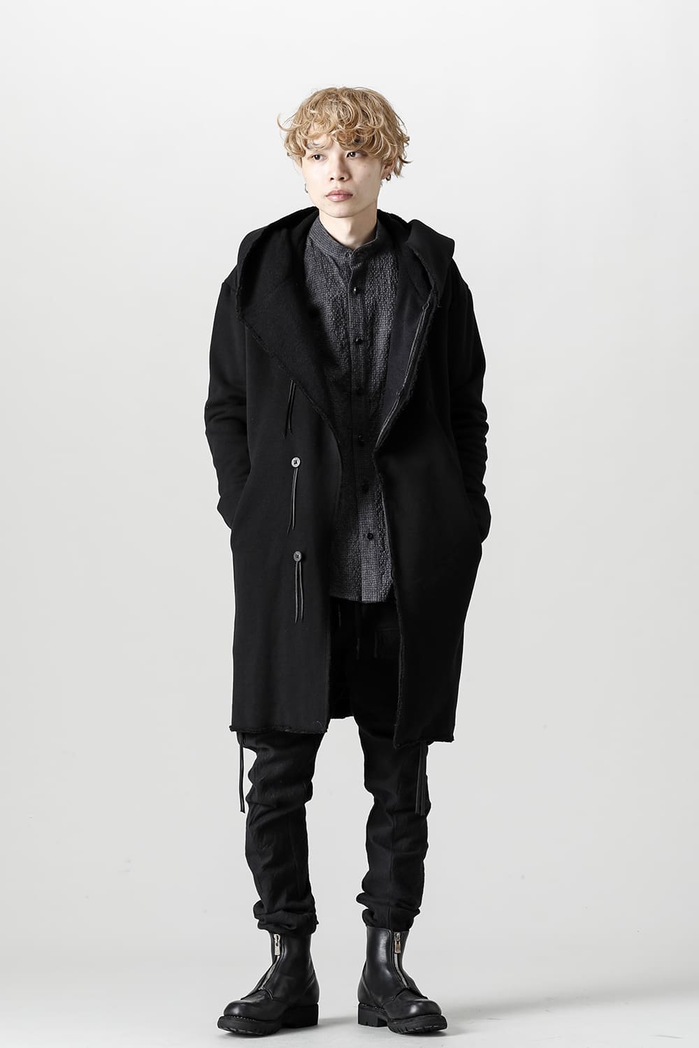 Cashmere x Wool x Cotton Pique Fleece-Lined Hooded Long Coat