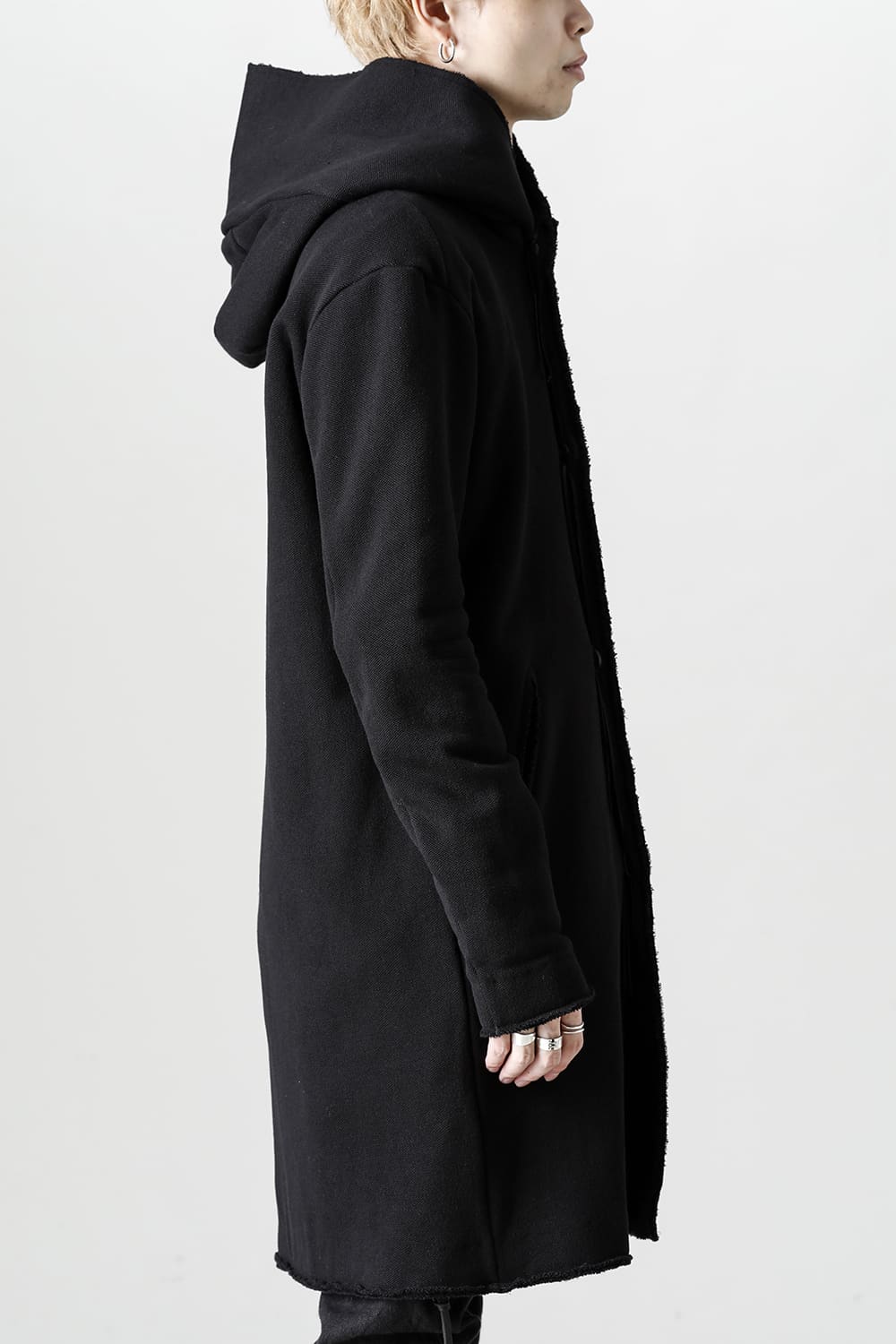 Cashmere x Wool x Cotton Pique Fleece-Lined Hooded Long Coat