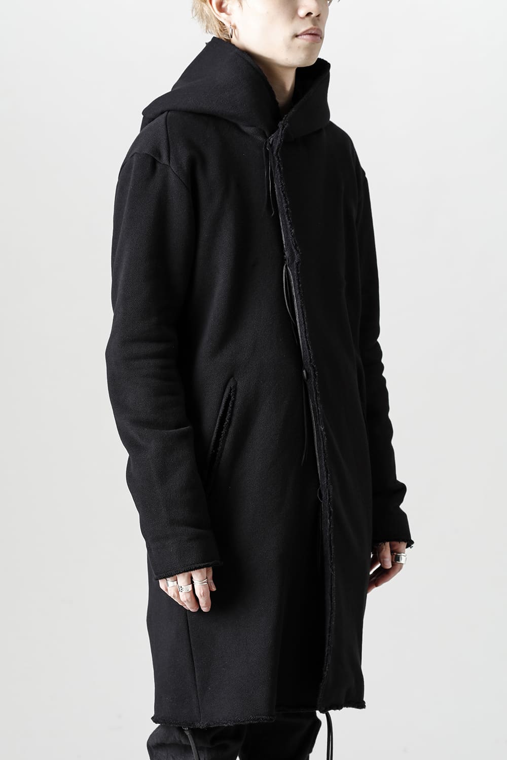 Cashmere x Wool x Cotton Pique Fleece-Lined Hooded Long Coat