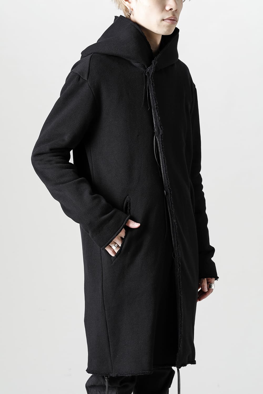 Cashmere x Wool x Cotton Pique Fleece-Lined Hooded Long Coat