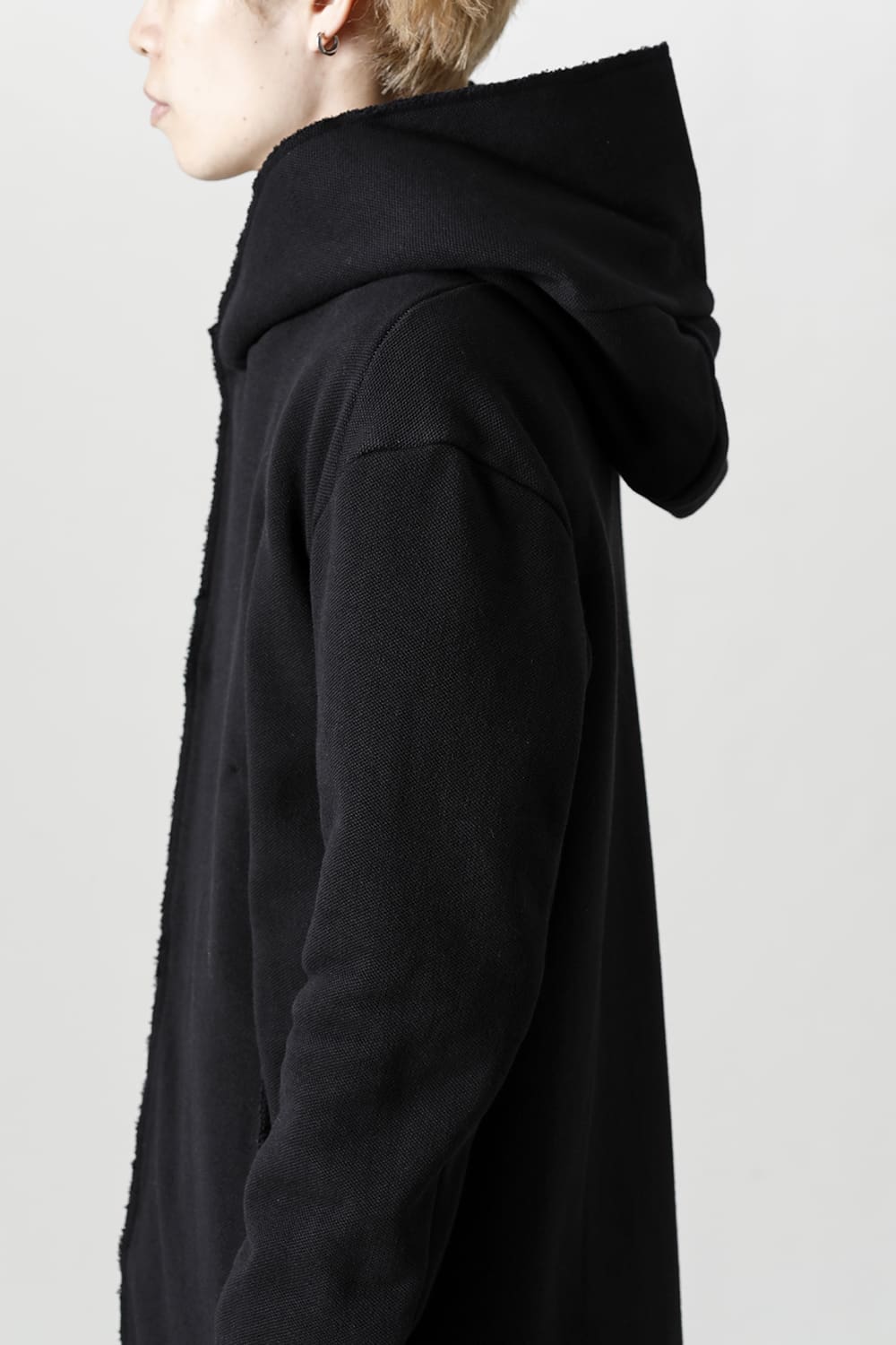 Cashmere x Wool x Cotton Pique Fleece-Lined Hooded Long Coat