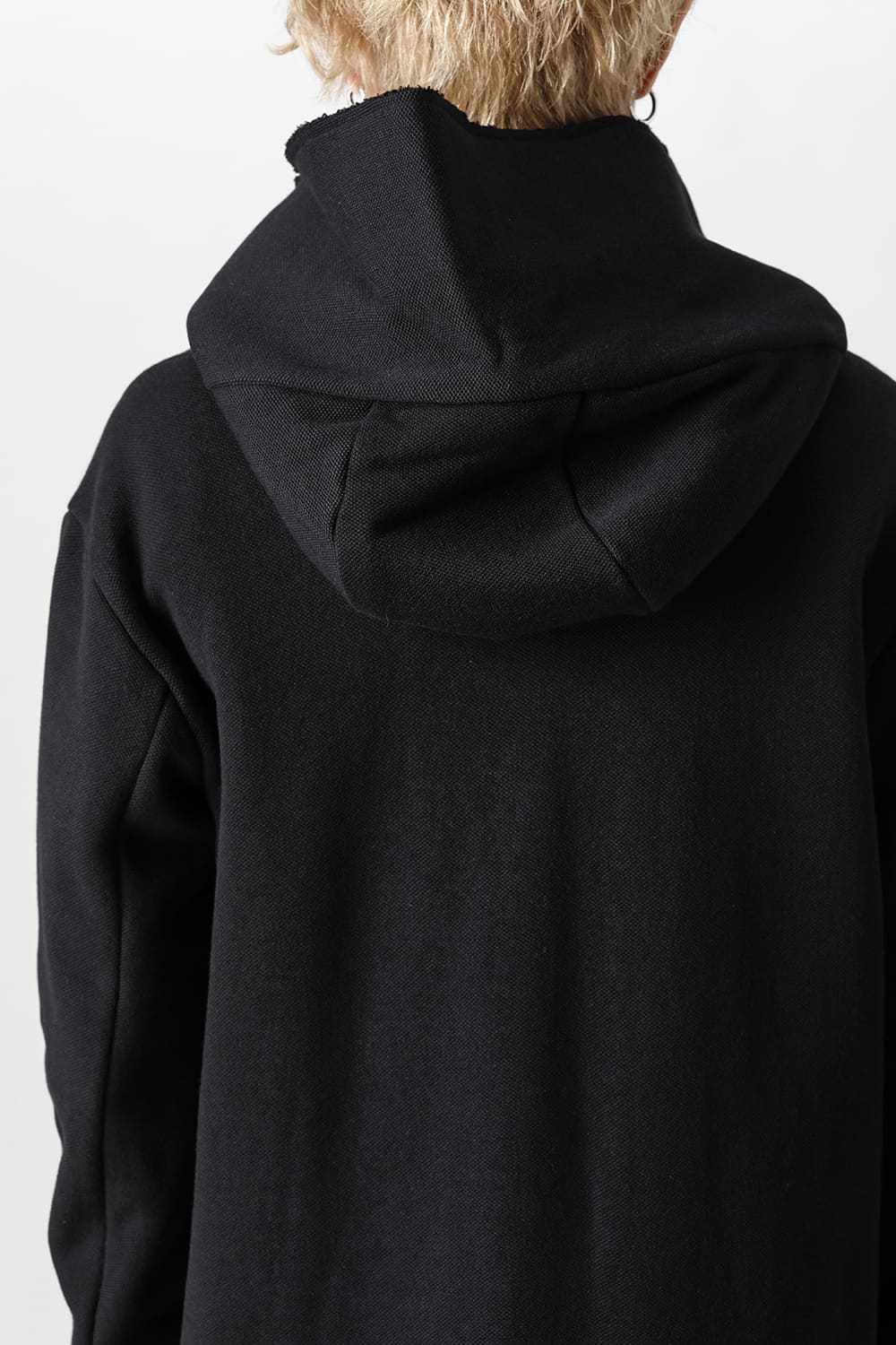 Cashmere x Wool x Cotton Pique Fleece-Lined Hooded Long Coat