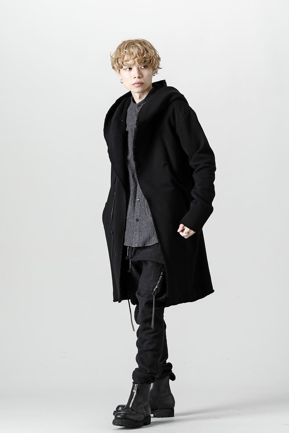 Cashmere x Wool x Cotton Pique Fleece-Lined Hooded Long Coat