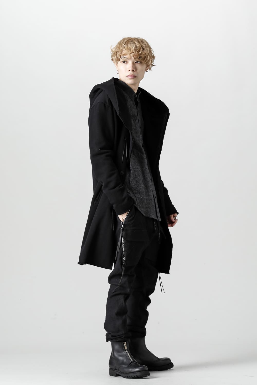 Cashmere x Wool x Cotton Pique Fleece-Lined Hooded Long Coat