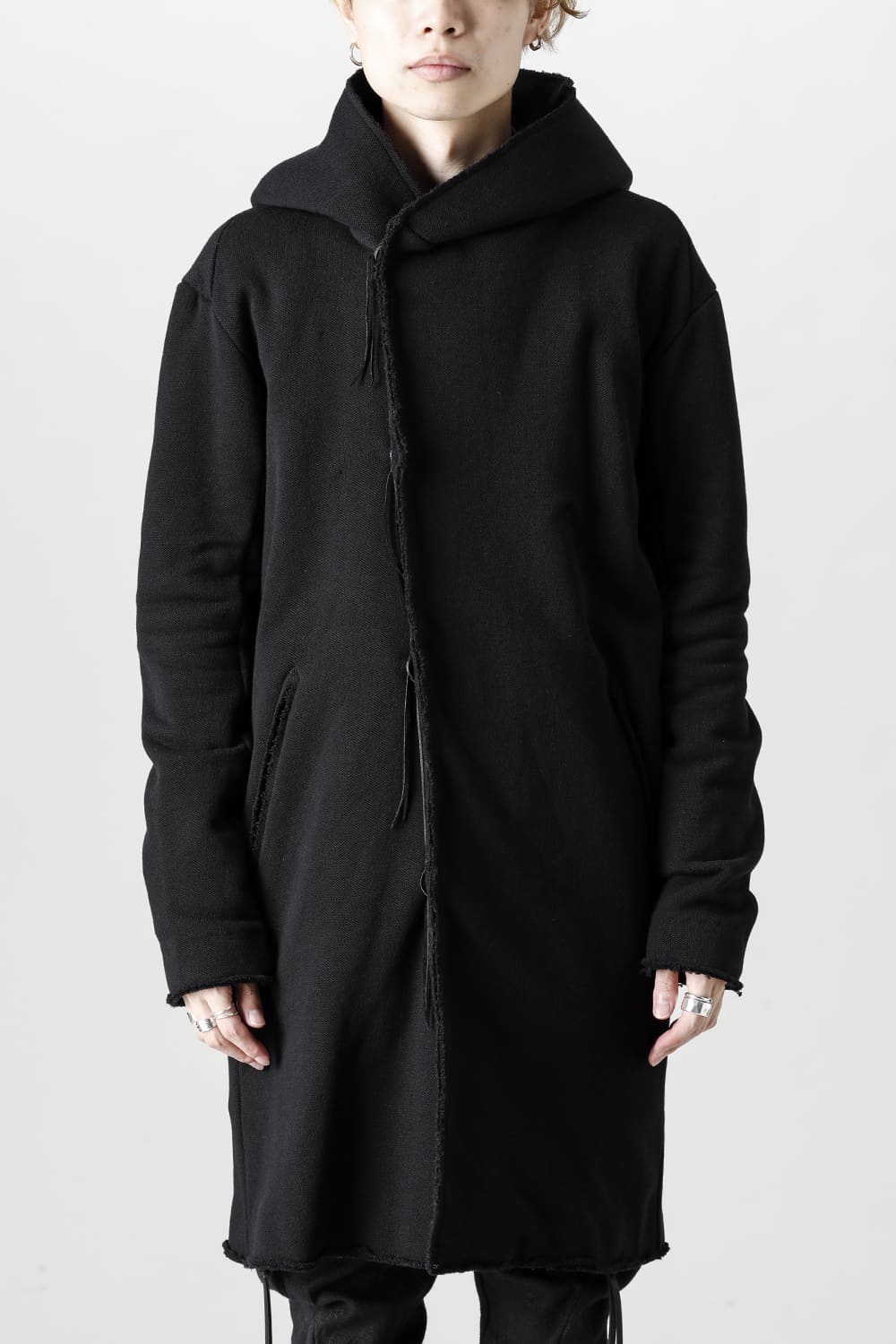 Cashmere x Wool x Cotton Pique Fleece-Lined Hooded Long Coat