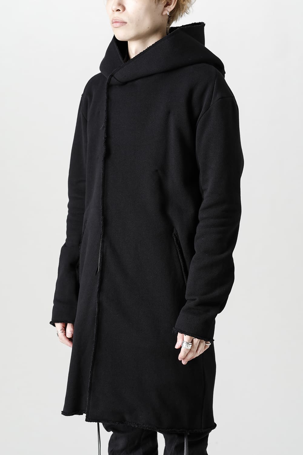 Cashmere x Wool x Cotton Pique Fleece-Lined Hooded Long Coat