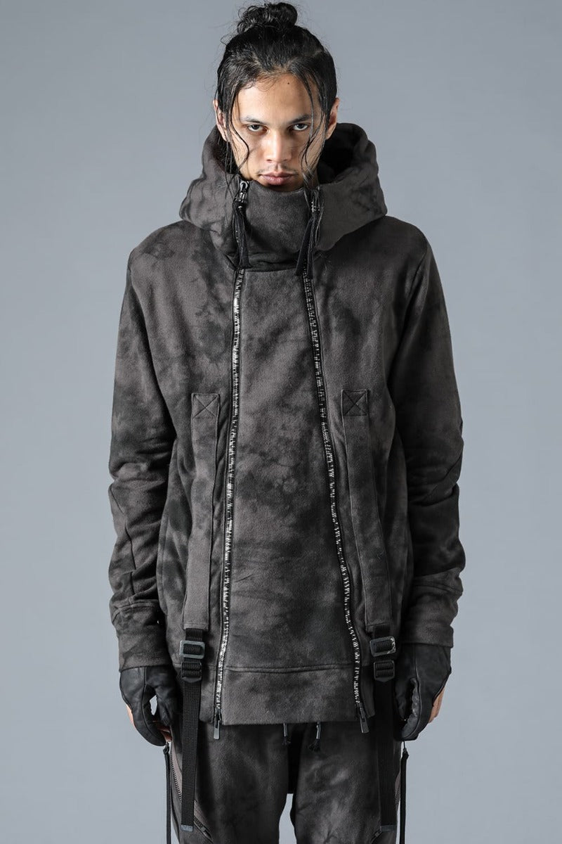 Uneven Dyed Untwisted Yarn Fleece-Lined Double Zip Suspender Hooded Jacket