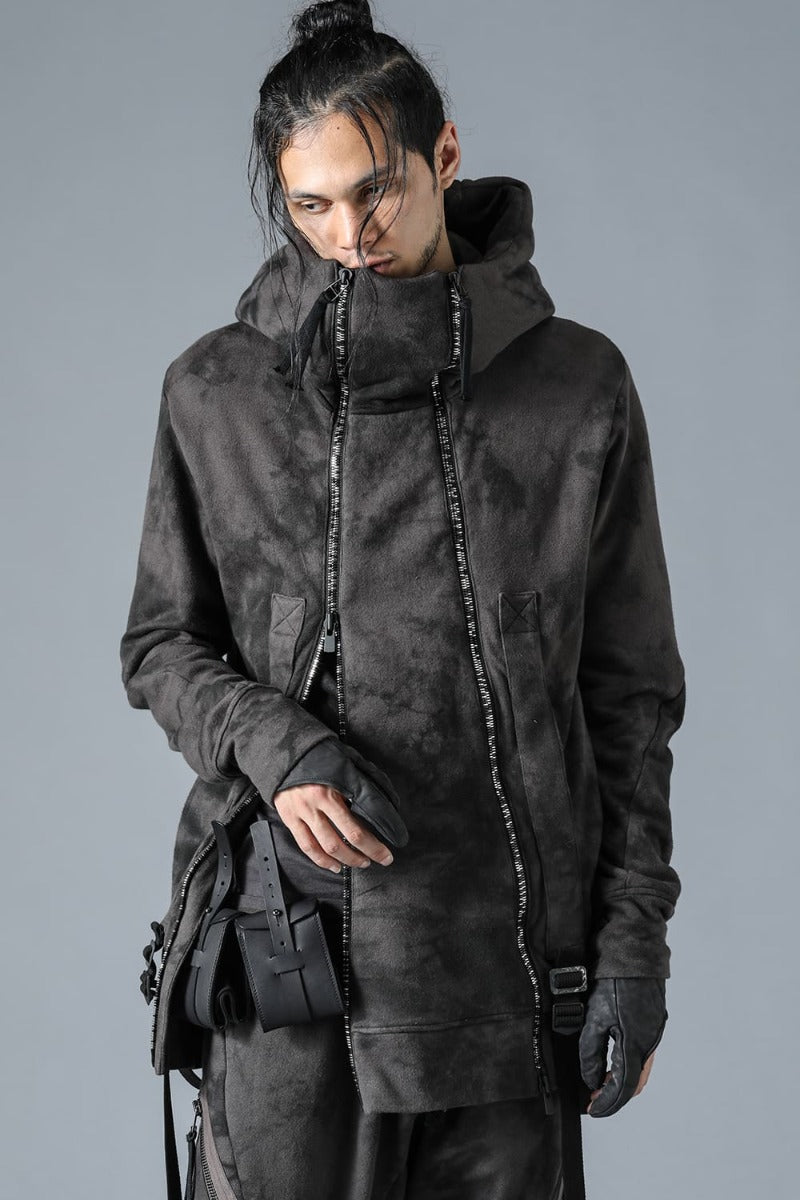 Uneven Dyed Untwisted Yarn Fleece-Lined Double Zip Suspender Hooded Jacket