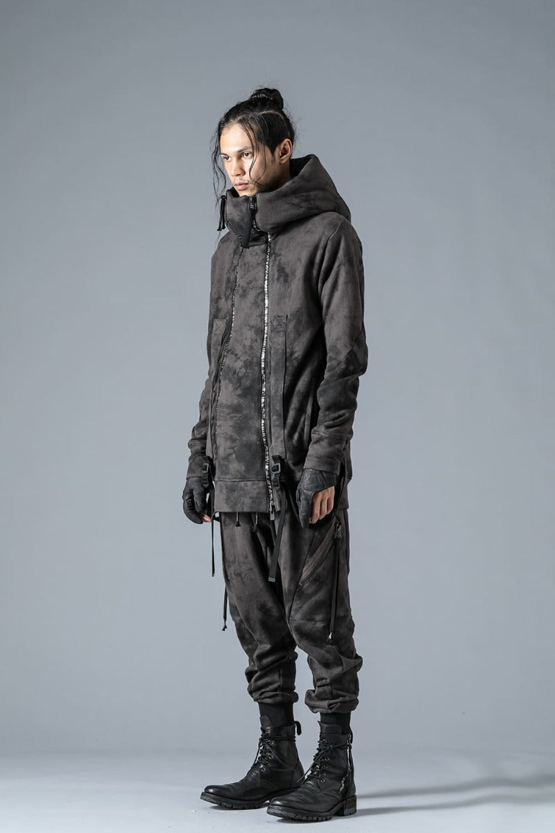 Uneven Dyed Untwisted Yarn Fleece-Lined Double Zip Suspender Hooded Jacket