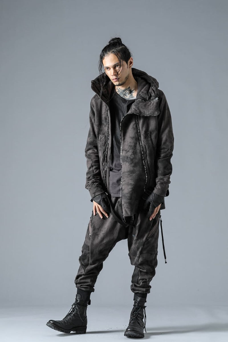 Uneven Dyed Untwisted Yarn Fleece-Lined Double Zip Suspender Hooded Jacket