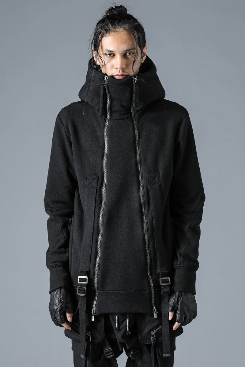 Wool Untwisted Yarn Fleece-Lined Double Zip Suspender Hooded Jacket Black