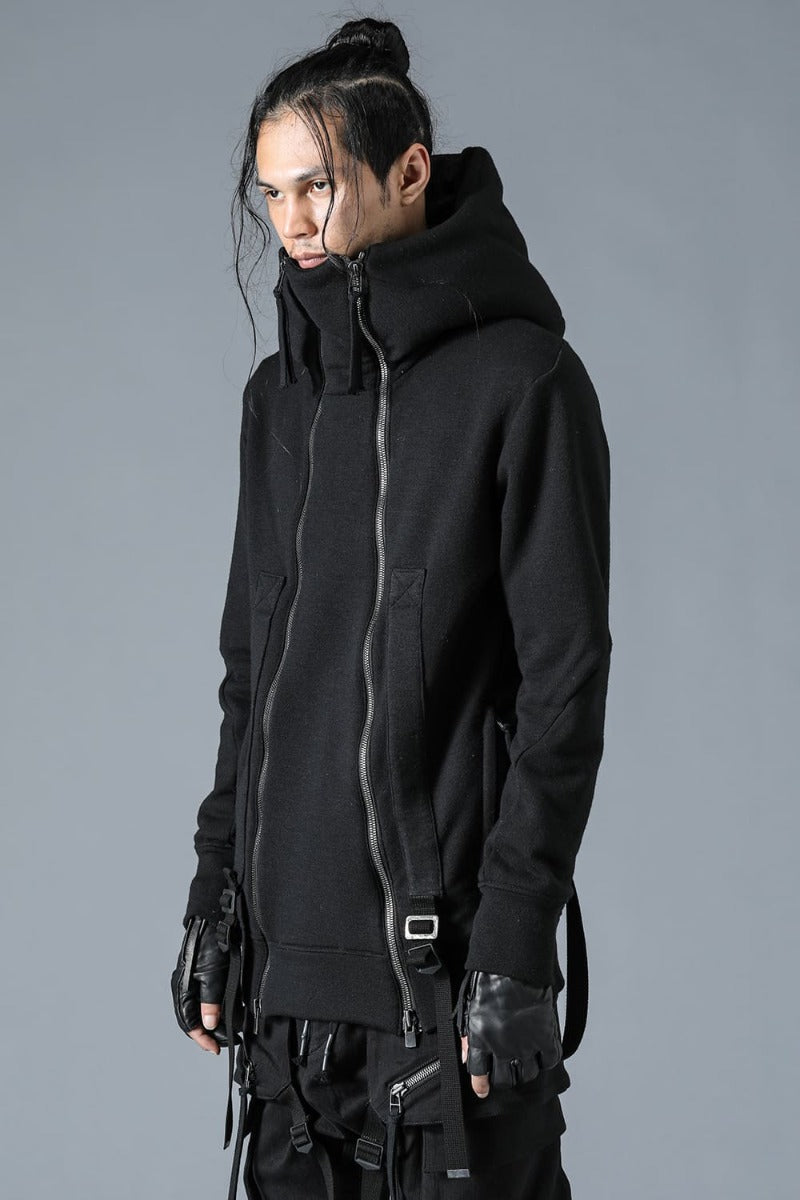 Wool Untwisted Yarn Fleece-Lined Double Zip Suspender Hooded Jacket Black