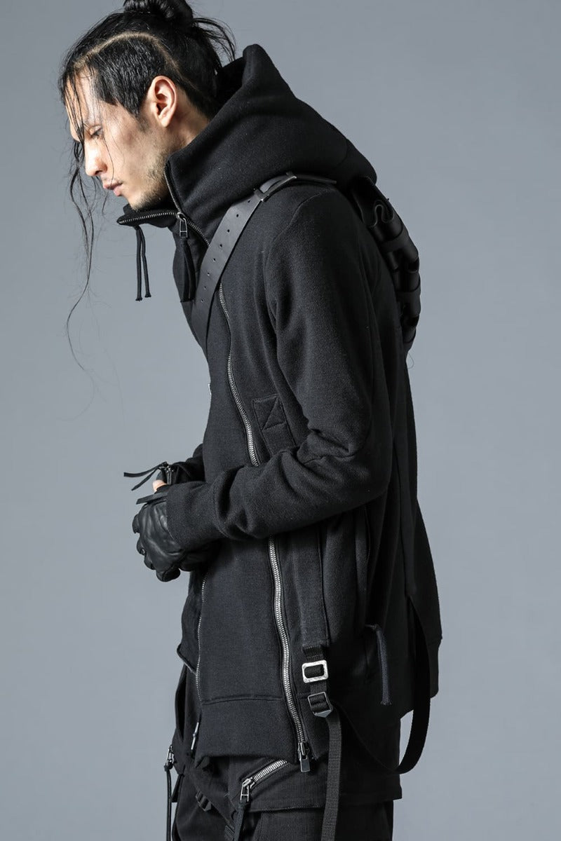 Wool Untwisted Yarn Fleece-Lined Double Zip Suspender Hooded Jacket Black