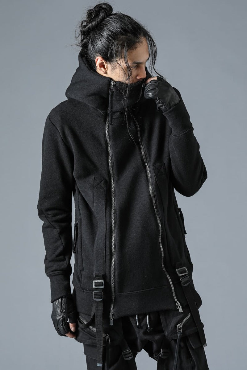 Wool Untwisted Yarn Fleece-Lined Double Zip Suspender Hooded Jacket Black