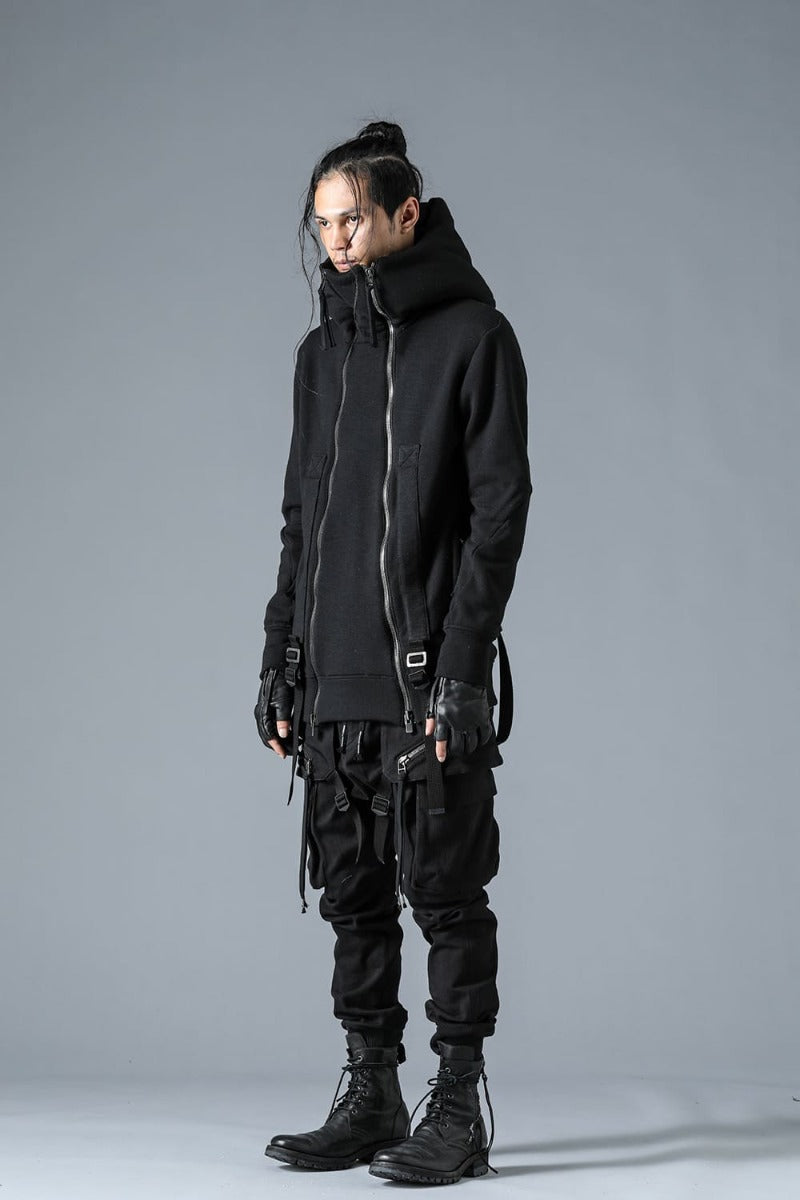 Wool Untwisted Yarn Fleece-Lined Double Zip Suspender Hooded Jacket Black