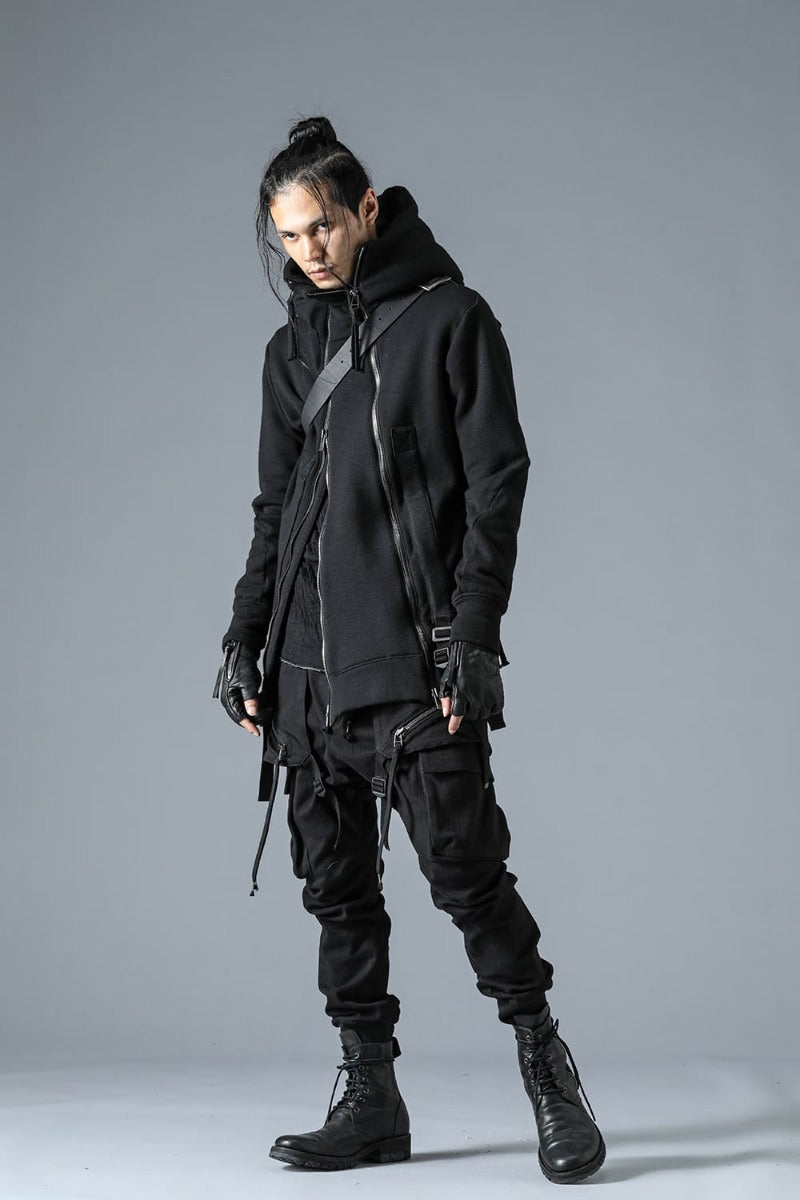 Wool Untwisted Yarn Fleece-Lined Double Zip Suspender Hooded Jacket Black