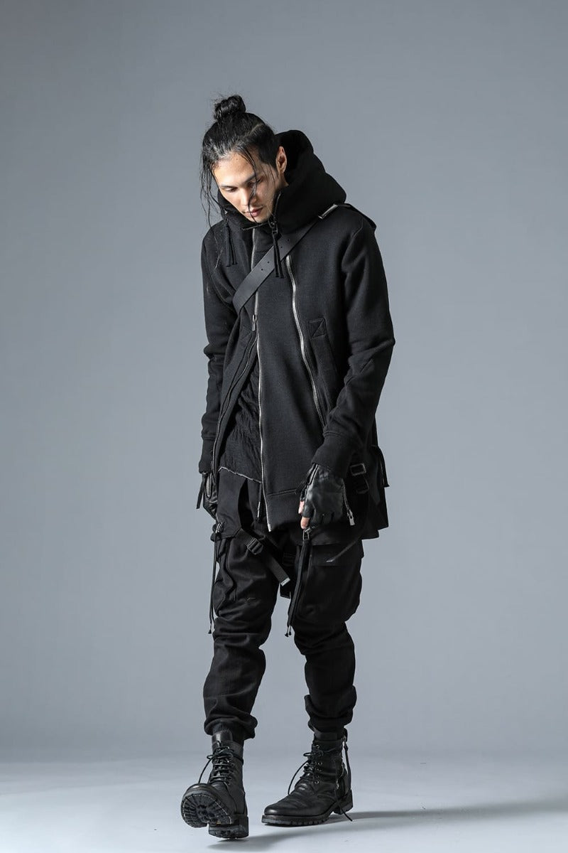 Wool Untwisted Yarn Fleece-Lined Double Zip Suspender Hooded Jacket Black