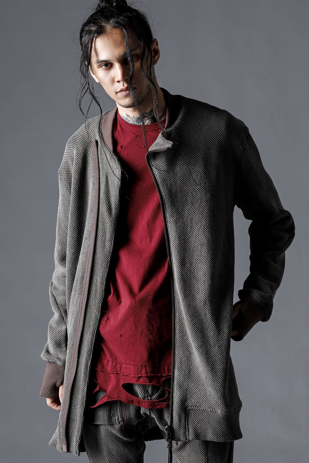 Low-Gauge Big Pique Long Bomber Blouson Charcoal