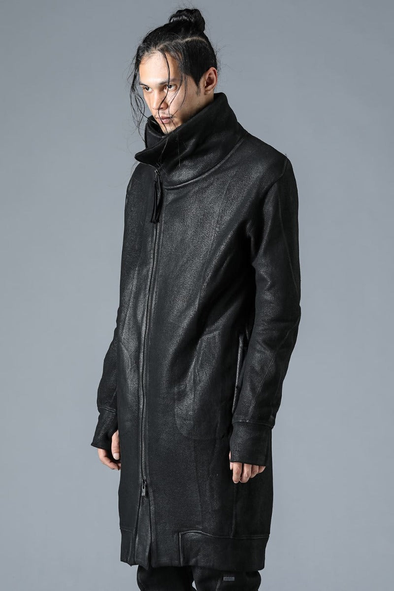 Untwisted Yarn Fleece-Lined Coated Long High Neck Jacket Black