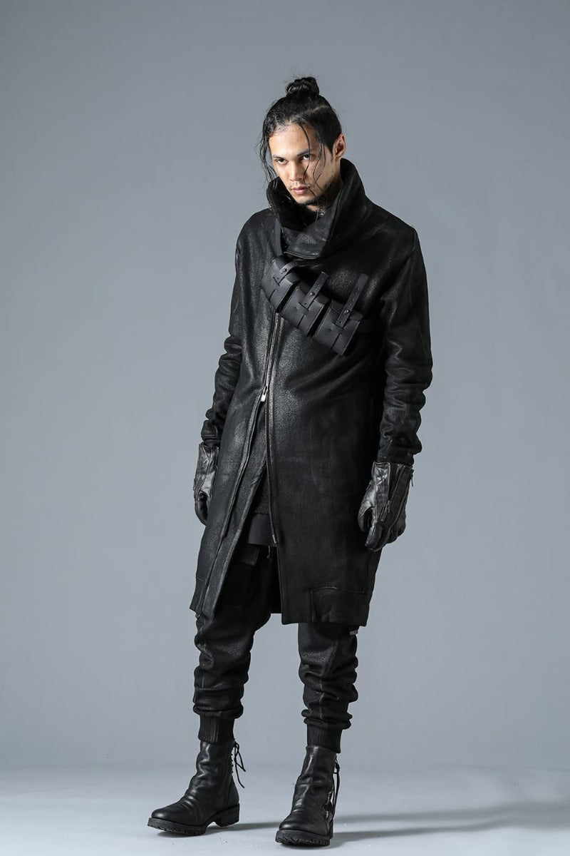 Untwisted Yarn Fleece-Lined Coated Long High Neck Jacket Black