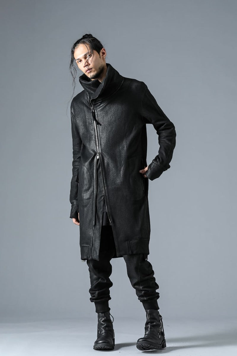 Untwisted Yarn Fleece-Lined Coated Long High Neck Jacket Black