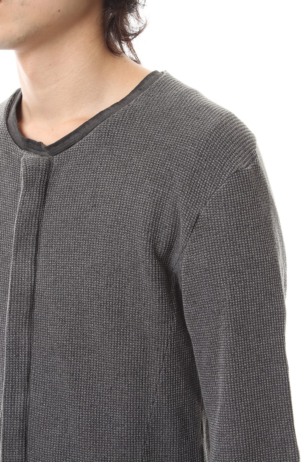 Sumi-dyed Japanese paper mixed waffle T-Cardigan