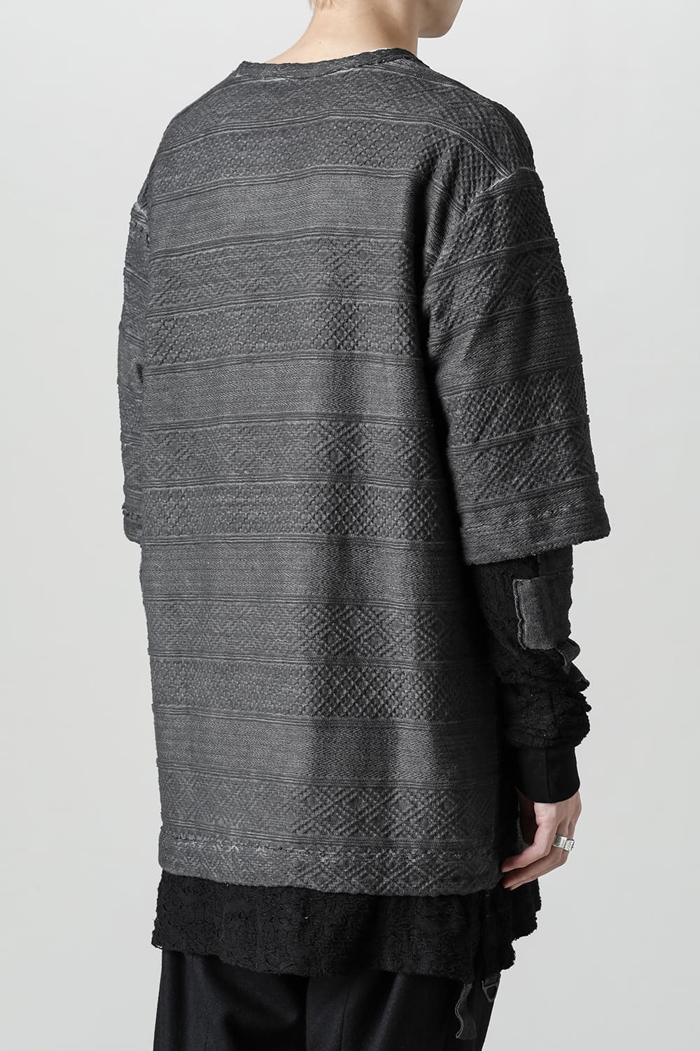 Cold-dye Jacquard Striped Layered T-Shirt Charcoal x Black