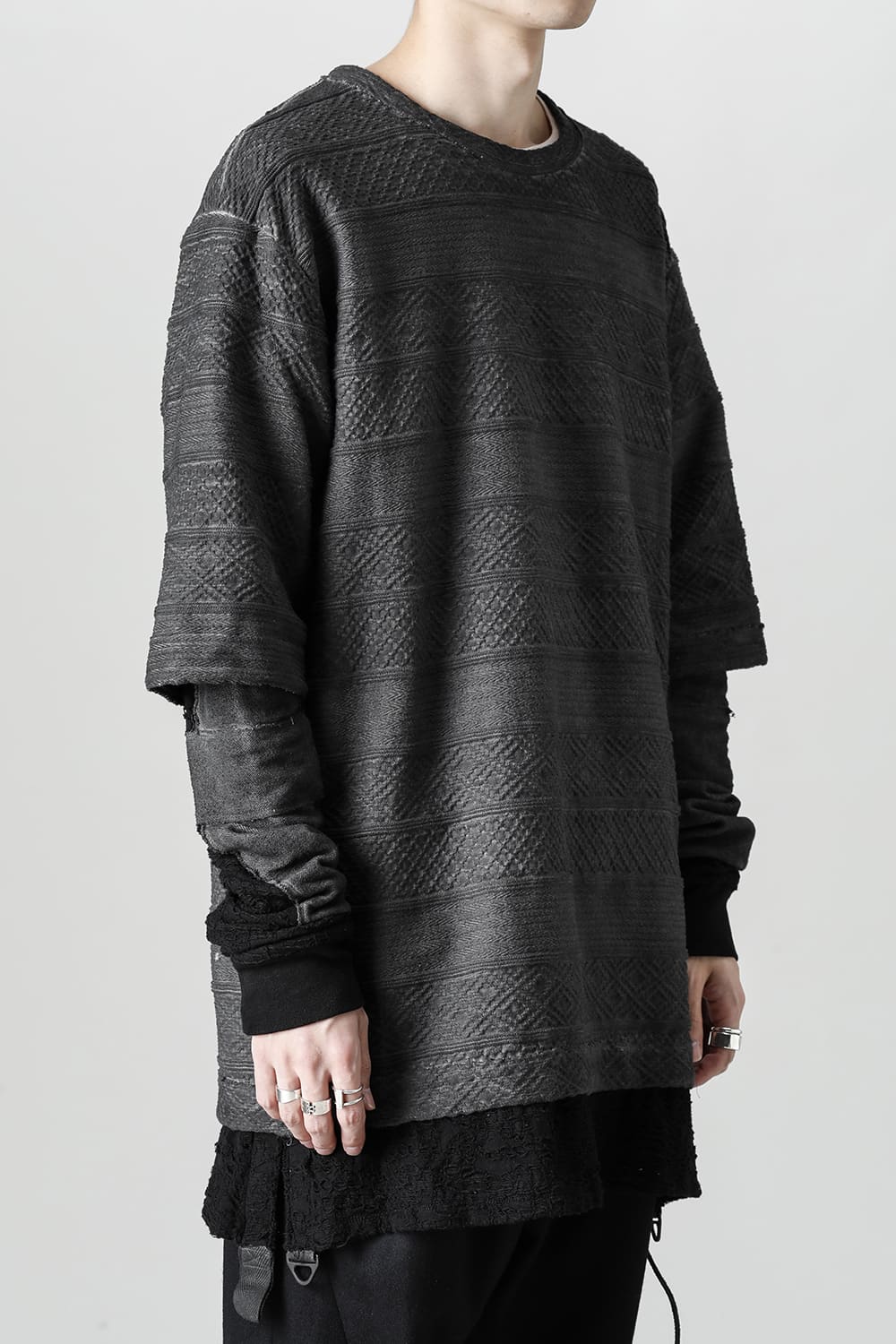 Cold-dye Jacquard Striped Layered T-Shirt Charcoal x Black