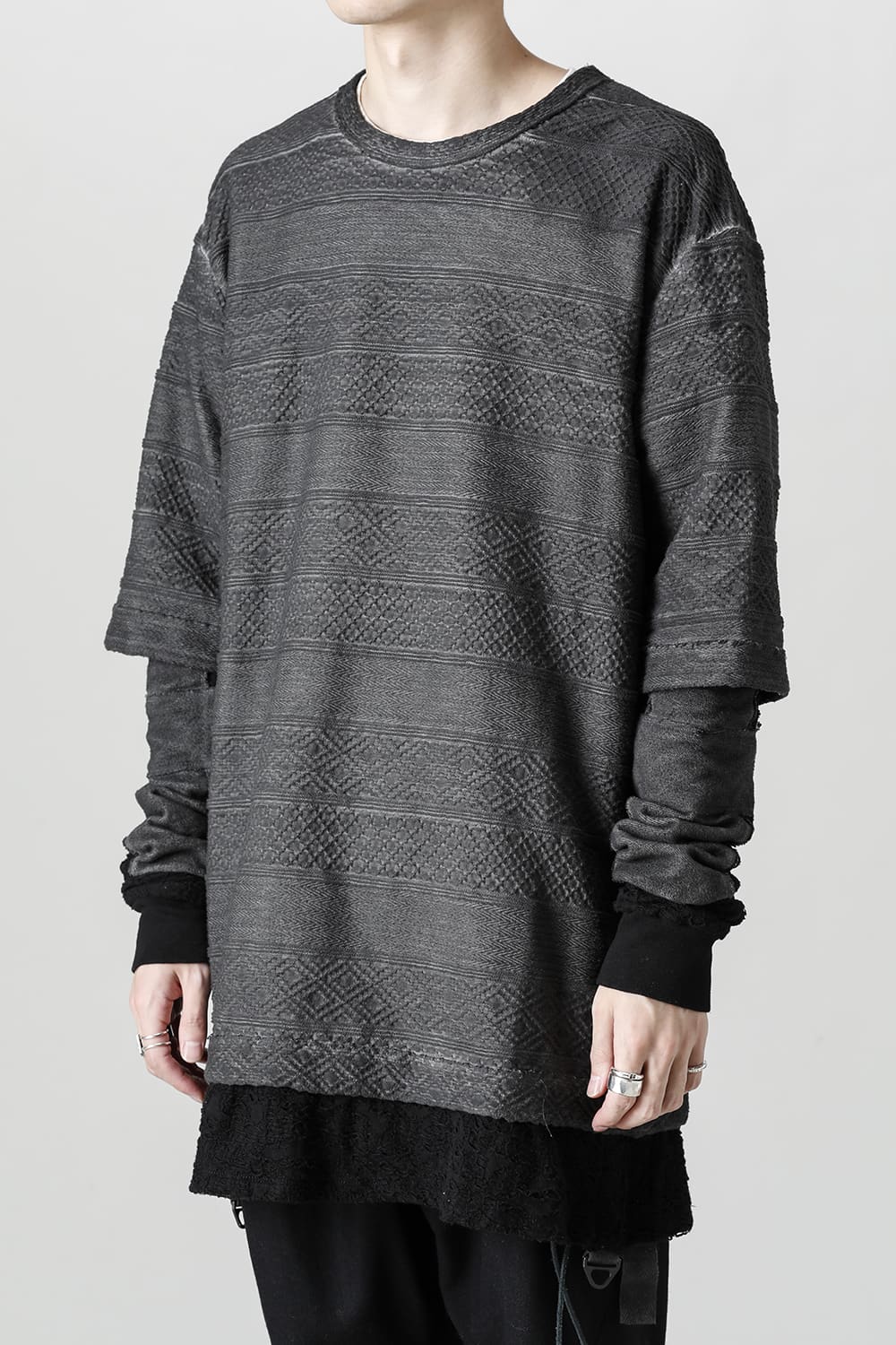 Cold-dye Jacquard Striped Layered T-Shirt Charcoal x Black