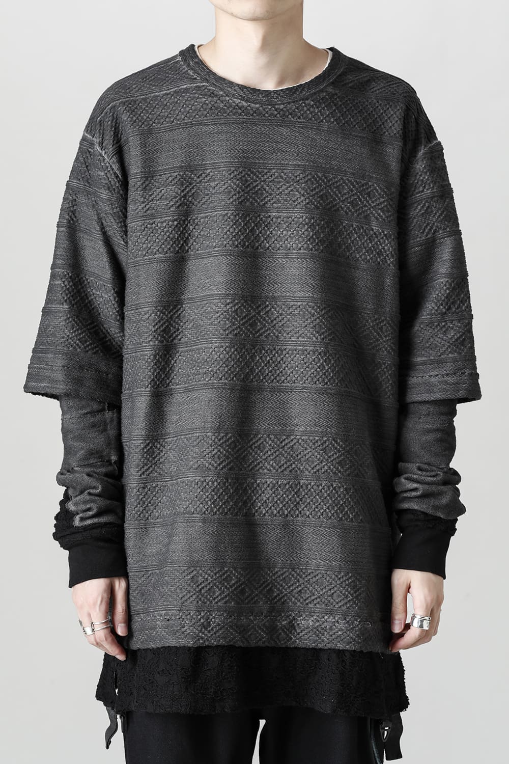 Cold-dye Jacquard Striped Layered T-Shirt Charcoal x Black