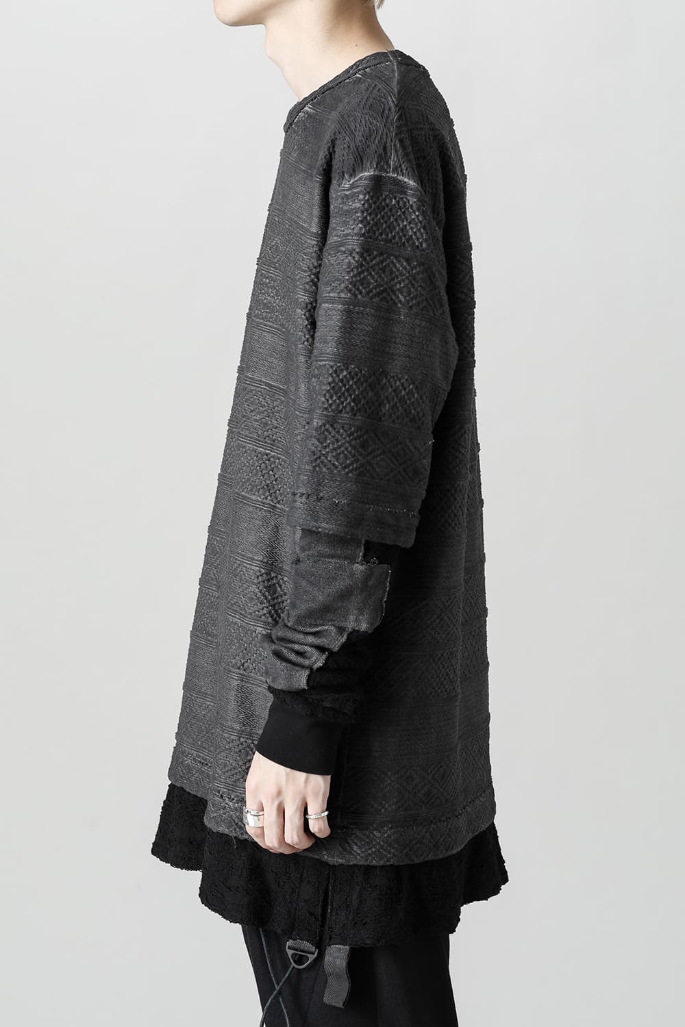 Cold-dye Jacquard Striped Layered T-Shirt Charcoal x Black