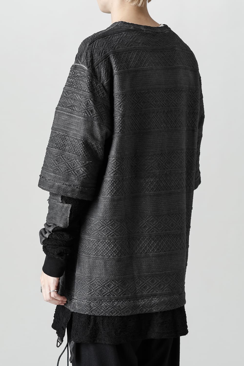 Cold-dye Jacquard Striped Layered T-Shirt Charcoal x Black