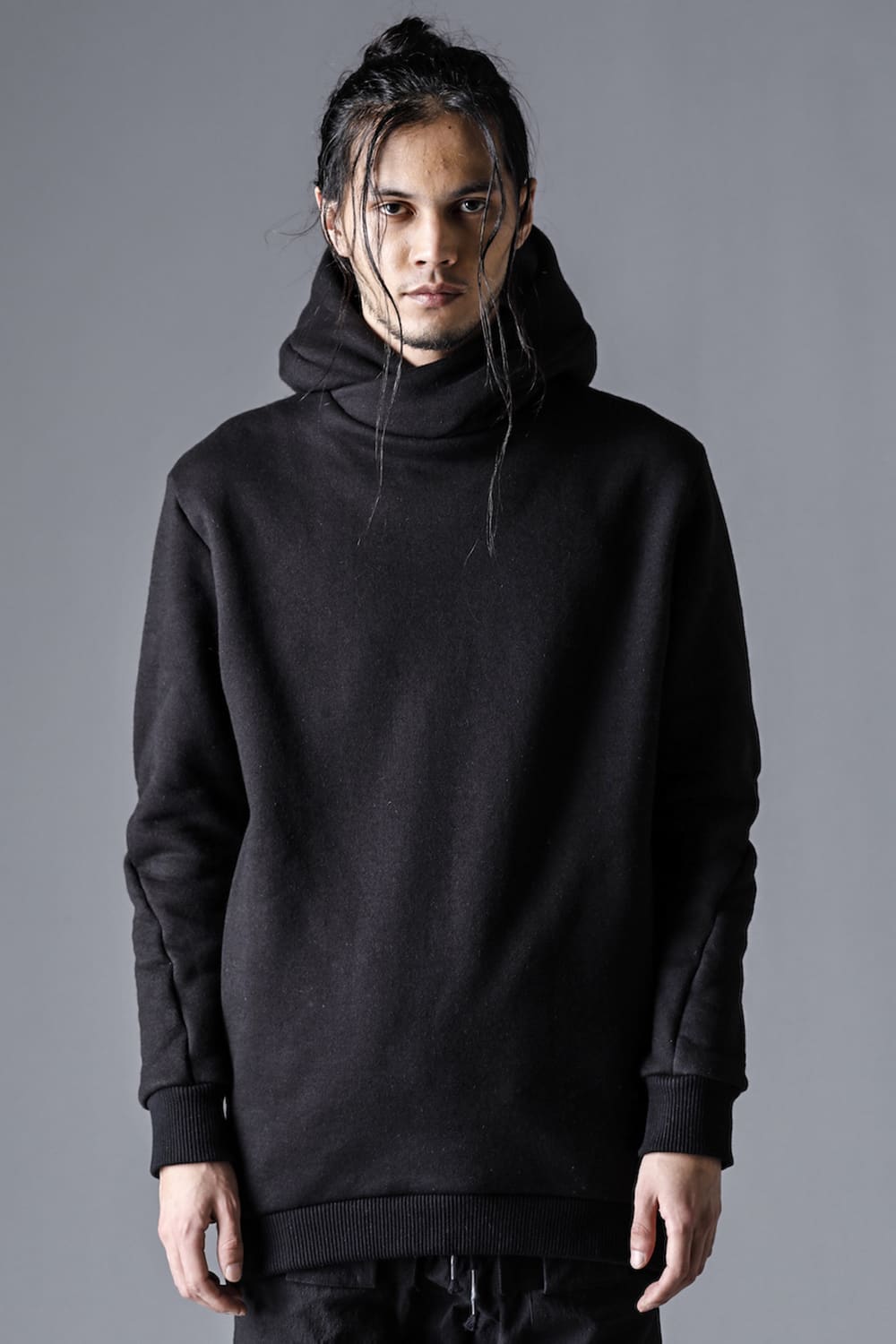 Mohair blend boa-lined long pullover hoodie