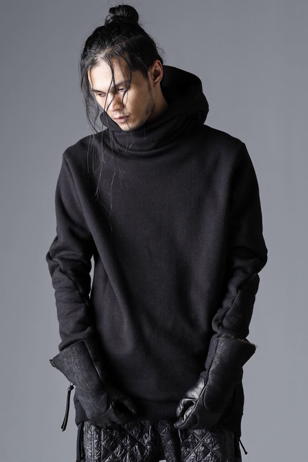Mohair blend boa-lined long pullover hoodie