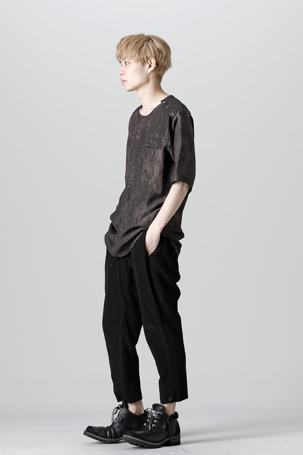 Uneven Dyed Rayon×Linen×Ramie Crew Neck Short Sleeves Pullover  Charcoal