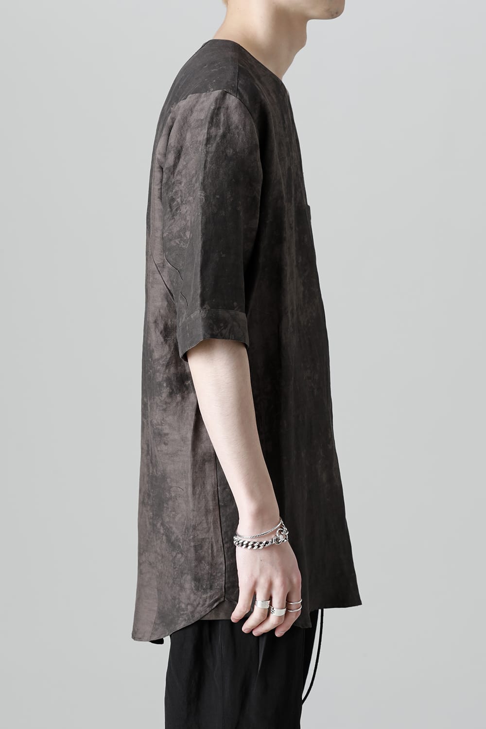 Uneven Dyed Rayon×Linen×Ramie Crew Neck Short Sleeves Pullover  Charcoal