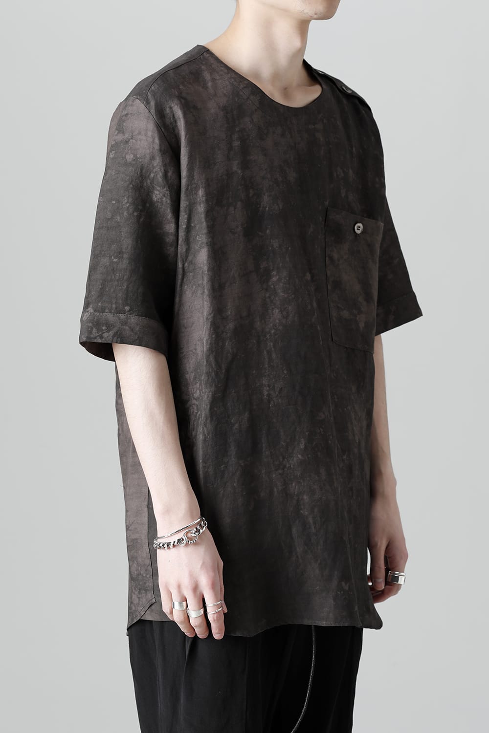 Uneven Dyed Rayon×Linen×Ramie Crew Neck Short Sleeves Pullover  Charcoal