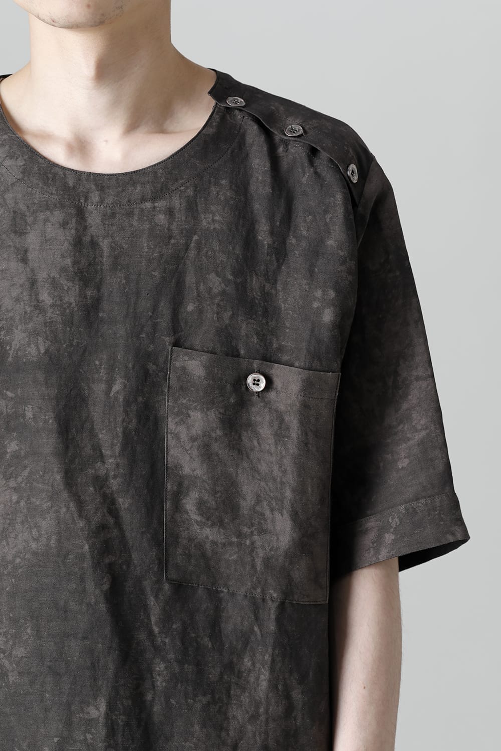 Uneven Dyed Rayon×Linen×Ramie Crew Neck Short Sleeves Pullover  Charcoal