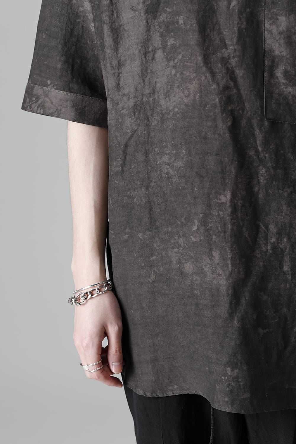 Uneven Dyed Rayon×Linen×Ramie Crew Neck Short Sleeves Pullover  Charcoal