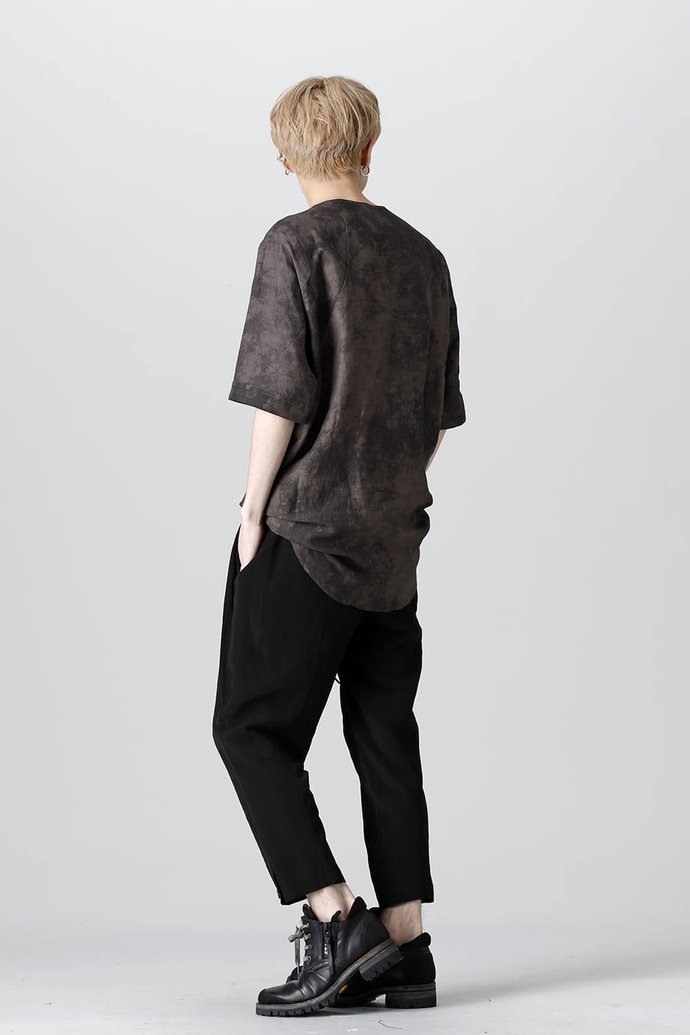 Uneven Dyed Rayon×Linen×Ramie Crew Neck Short Sleeves Pullover  Charcoal